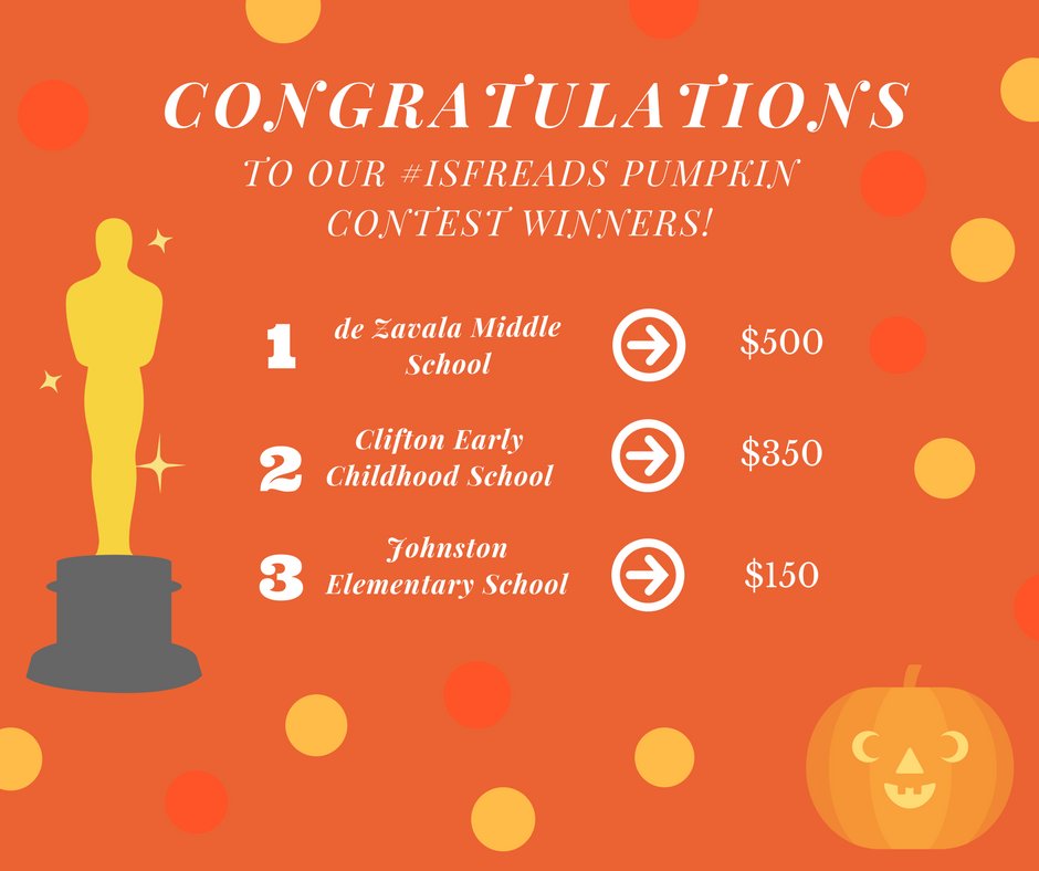 IISDFoundation's tweet photo. Congratulations @deZavalaMS @DZ_Library @oruguitasclass @ECliftonLibrary @CliftonECS @ASJLibrary @ASJohnston1! You've won our annual #ISFReads Pumpkin Contest? Contact the ISF Office today for your grant $$! https://t.co/1sYFF6cFOk