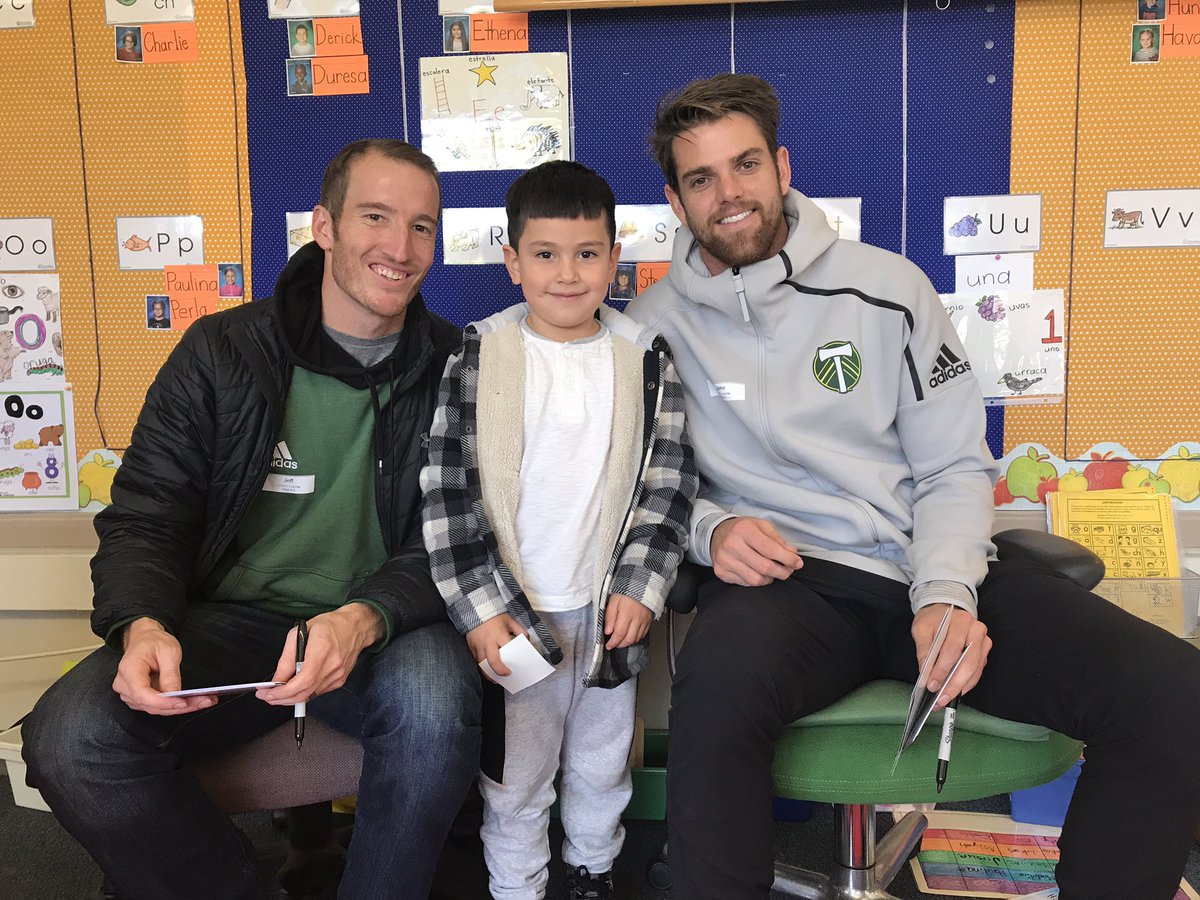 PTStandTogether's tweet photo. Teammates reunited! @Jgleeson20 &amp; @Jeff_Attinella1 visit Derrick's school to meet his classmates &amp; read aloud 💚📚 #RCTID #100 https://t.co/mOVTPkAEy2