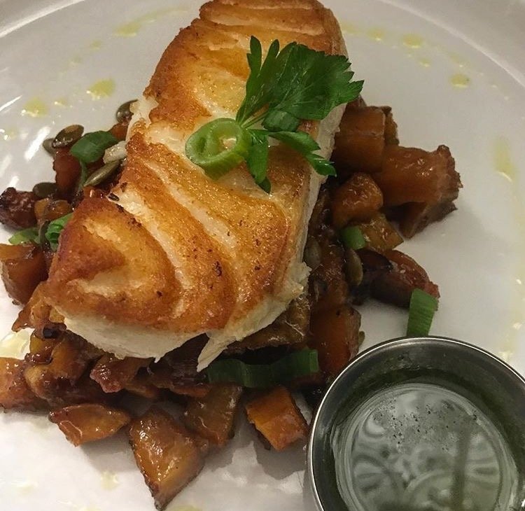 Catch19RB's tweet photo. How delicious does this Chilean Seabass over pumpkin seed and sweet potato hash look? 😋 #Catch19 https://t.co/UqERQDDVgv