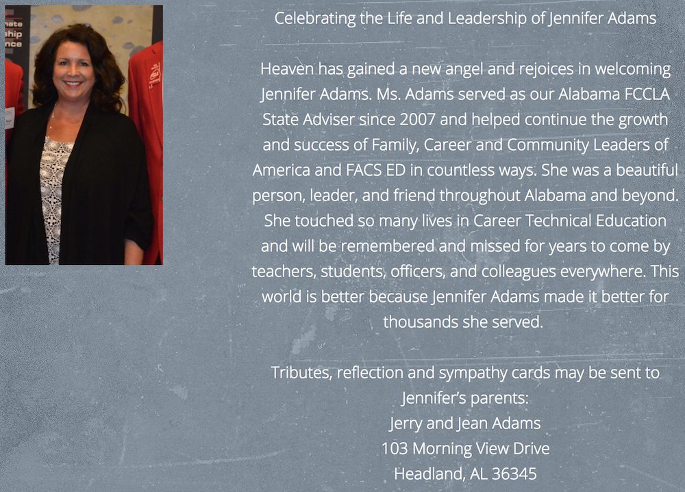AlabamaCTSO's tweet photo. Please join us in celebrating the life and leadership of Jennifer Adams. https://t.co/XZEz7uaNBL