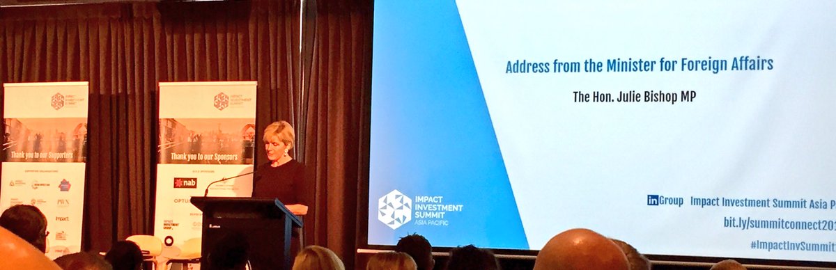 difincubator's tweet photo. Foreign Minister @JulieBishopMP speaking about TDi's groundbreaking work with Tanna Coffee &amp; Samoa Coconut Cluster in the Pacific at #Impactinvsummit17 #GenesisImpactFund @benefitcapital https://t.co/xmE0yhKtbq