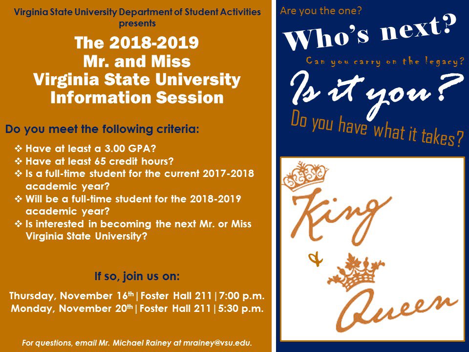 musikal_nupe's tweet photo. Interested in being the next Mr. or Miss Virginia State University 🤴🏽👸🏾?  Then you’re strongly encouraged to come out to learn more about the roles, responsibilities, and expectations of the persons holding these positions.  Don’t miss out on this opportunity! 🔶🔷 https://t.co/CTtd0FxPG2