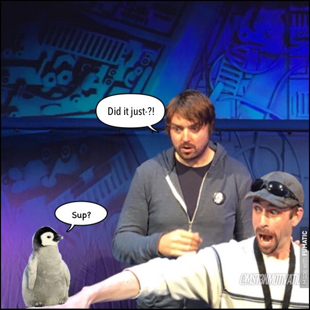 mst3kmotivation's tweet photo. @jonahraynews @deanadolphin @MontereyAq Hear us out, now. What if we just outright BOUGHT @jonahray a penguin, so we can all get the chance to meet it at the VIP pics of #MST3K #WatchOutForSnakesTour โ18!!! https://t.co/lbEwBUS71H