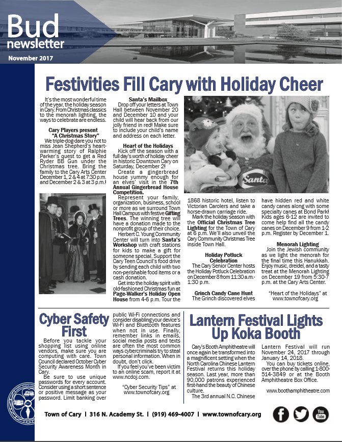 caryncgov's tweet photo. The Town of Cary's latest Bud newsletter is now available online! Check out the November issue now! https://t.co/4WWmFRN5L8 https://t.co/lZDc4Ndv96