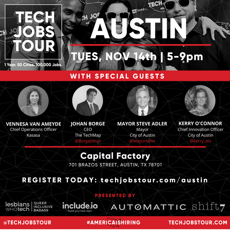 TechJobsTour's tweet photo. @HUX_Brand Can you join us in #Austin tomorrow, Tuesday, Nov 14th? W/ special guests - @MayorAdler &amp; Austin’s Chief Innovation Officer, @kerry_atx  @BorgeJohan + more! #AMERICAISHIRING  https://t.co/NnopKjincT https://t.co/1p1RU47Xn4