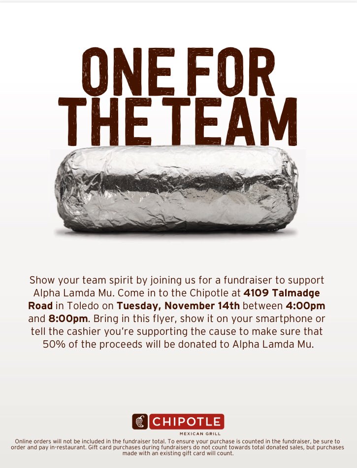 alm_utoledo's tweet photo. Need dinner plans tomorrow? Support ALM by going to our Chipotle fundraiser! Bring all your friends! 🌯🌯🌯 https://t.co/4lhALDYrZu