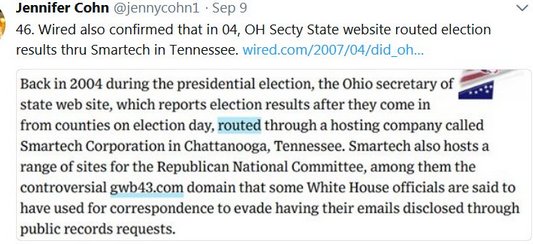 10. WOW. The method of vote tampering in UKRAINE'S 04 election (to which a CIA AGENT TESTIFIED in 09) immediately calls to mind the so-called "BACKUP SERVER" that Mike Connell BUILT to re-route OHIO'S 04 election results thru SMARTECH in Tennessee!  https://twitter.com/jennycohn1/status/906580527548850177 …