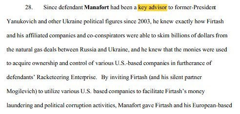 12. FORMER UKRAINE PRIME MINISTER YULIA TYMOSHENKO claims MANAFORT was a "key advisor" of YANUKOVYCH since 03 (so apparently starting BEFORE the 04 Ukraine election that, per CIA Agent Stigall's public testimony, involved ELECTRONIC VOTE TAMPERING)!!  https://www.scribd.com/document/363036238/Amended-Complaint …