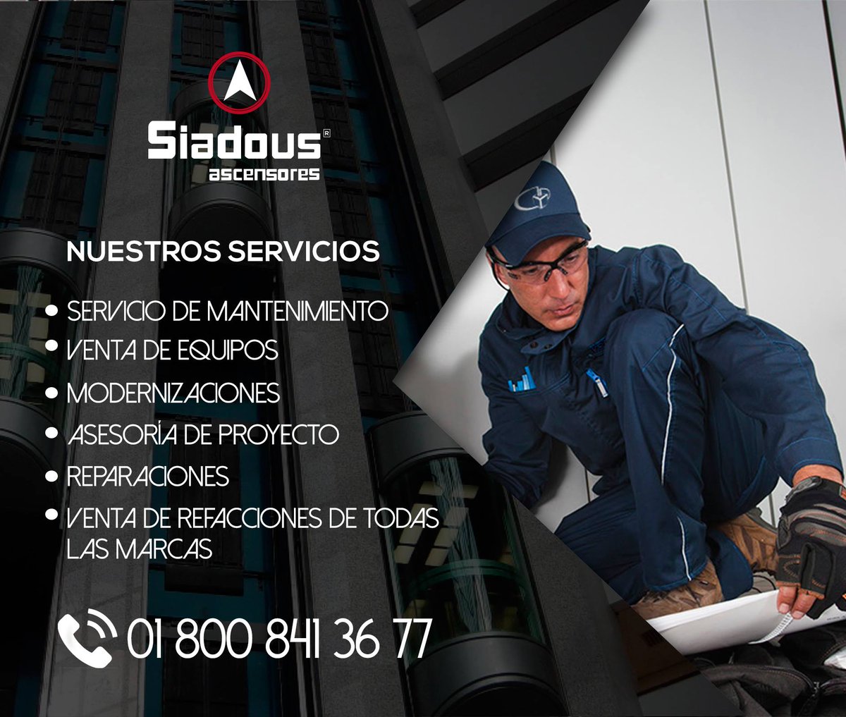 SiadousAscensor's tweet photo. En Siadous Ascensores nos especializamos en el diseño, fabricación, instalación, mantenimiento y modernización de soluciones de movilidad, tales como ascensores, escaleras mecánicas, rampas y pasillos. Contáctanos al 01 800 841 3677 #Ascensores #Tecnología #Siadous https://t.co/0wWzC1M25p