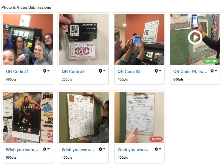 Today in #edts325 <a href="/GooseChase/">Goosechase</a> scavenger hunt to locate actual and possible locations for #qrcodes Great was to add activity to learning!