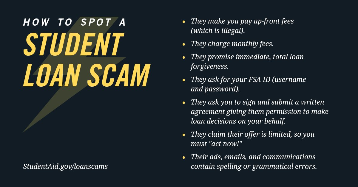 FAFSA's tweet image. CONSUMER ALERT: "Debt relief" companies are preying on student loan borrowers w/calls &amp;amp; texts. How to spot a scam: bit.ly/2mnrVOZ
