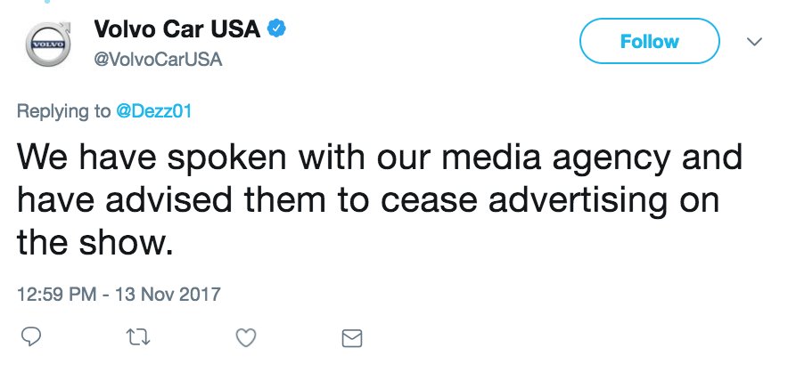 Spread the word. Confirmed: @VolvoCarUSA confirms that they have removed their ads from Sean Hannity's show.