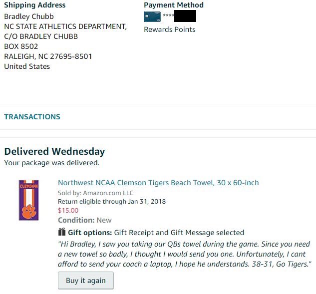 woodywhitehurst's tweet photo. Clemson fans have been ordering towels and shipping big them to Bradley Chubb and I'm here for it. 

(Not sure who to credit for the photo) https://t.co/hzTAdFLIe2