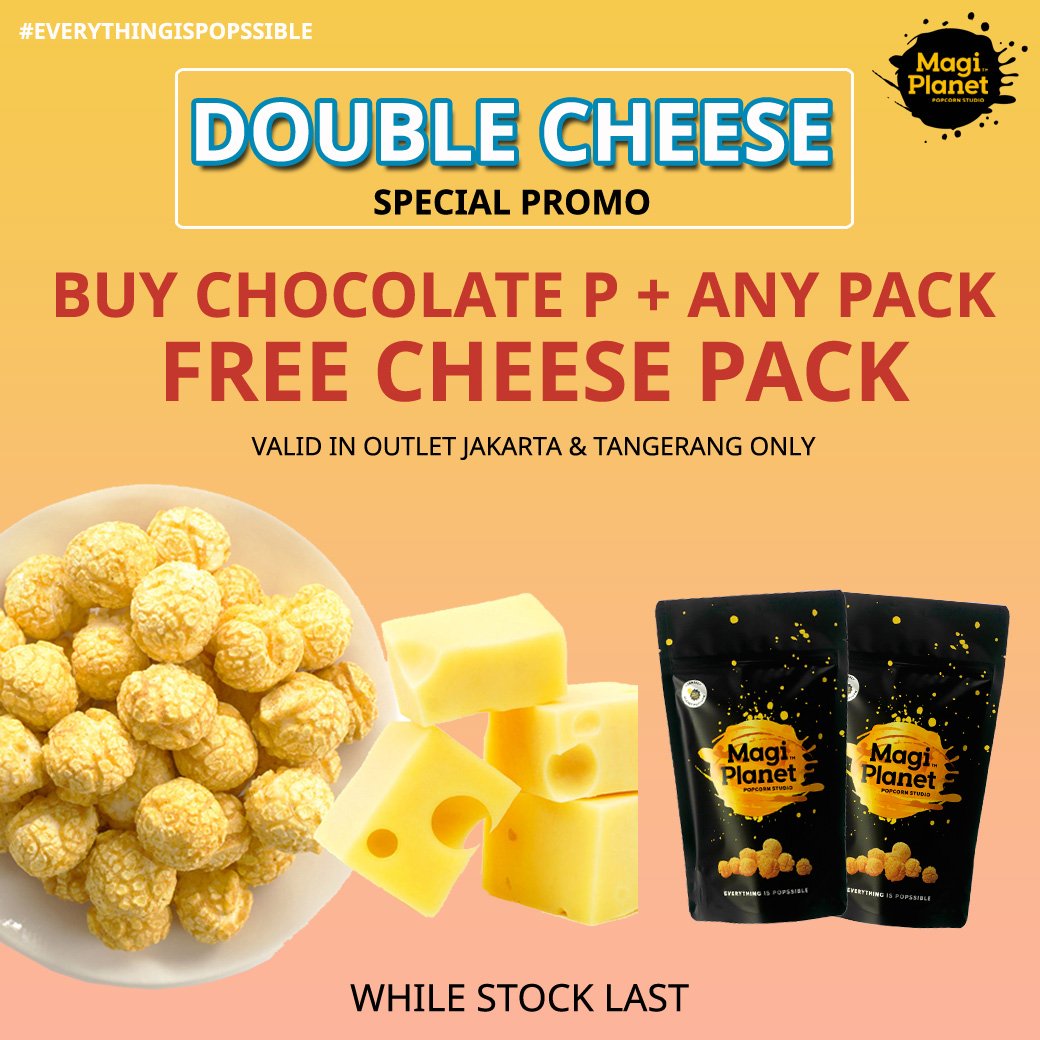 PlanetPopcornID's tweet photo. Hooray! We have special promo for one of our top favorite flavour 'Double Cheese'
Get 1 packs Cheese FREE every purchase 1 Dark Chocolate Pack &amp; Any items pack* @MKGLaPiazza https://t.co/fPfHGIRmCv