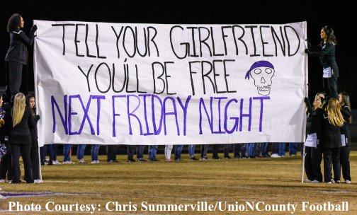 UCNCFootball's tweet photo. You can always count on Porter Ridge for creative, colorful &amp; amusing banners. @skwahder @NCGridironNews @NCGridiron @CarolinaVarsity @pepmancv @NCPreps https://t.co/xBlZQKYGHL
