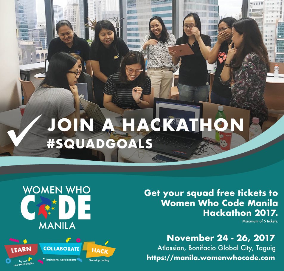 WWCodeManila's tweet photo. Ladies, time to complete one of your #SquadGoals. Join our hackathon this coming Nov 24-26, 2017. https://t.co/Jy52qZt2wq
See you all!
See mechanics on how to get your squad free tickets: https://t.co/hAuA7fKoyk
#WWCodeManilaHackathon #HackWithYourSquad https://t.co/DXwMKGK9RP