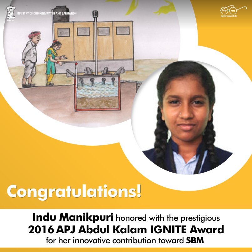 swachhbharat's tweet photo. Indu Manikpuri, from naxal hit Dantewada district in Chattisgarh won the 2016 APJ Abdul Kalam IGNITE award for coming up with an idea of a septic tank level and pressure indicator. https://t.co/0nnCiIPJgY