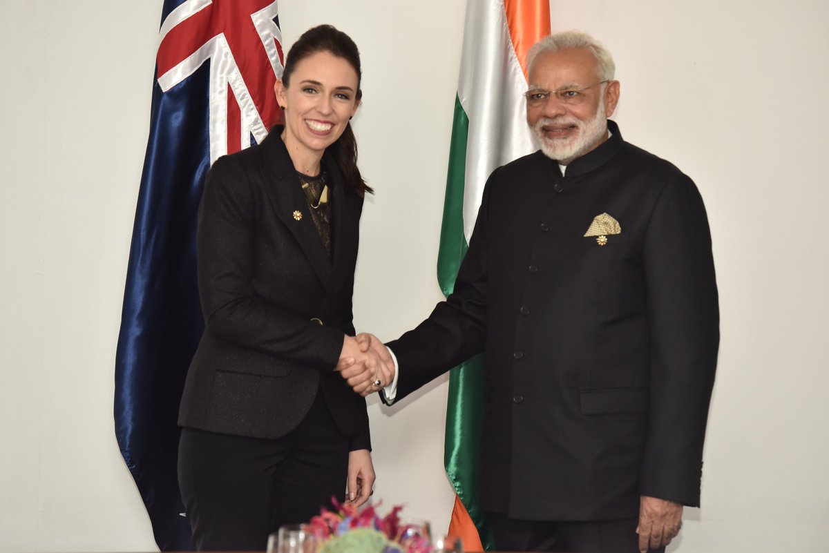 narendramodi's tweet image. Wonderful meeting with PM @jacindaardern. We discussed deepening economic and cultural cooperation between India and New Zealand.