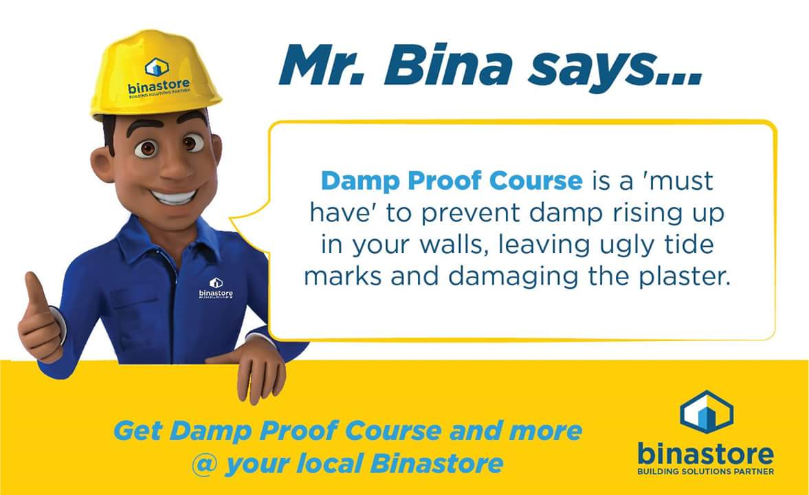 Mwebantu's tweet photo. TODAY'S building tip from Mr Bina is about the Damp Proof Course. Which is a ‘must’ to prevent damp rising up in your walls, leaving ugly tide marks and damaging the plaster. Get Damp Proof Course and more at your local Binastore #MrBinasBuildingTips #Binastore #OneStopShop https://t.co/TfFL1jH88G