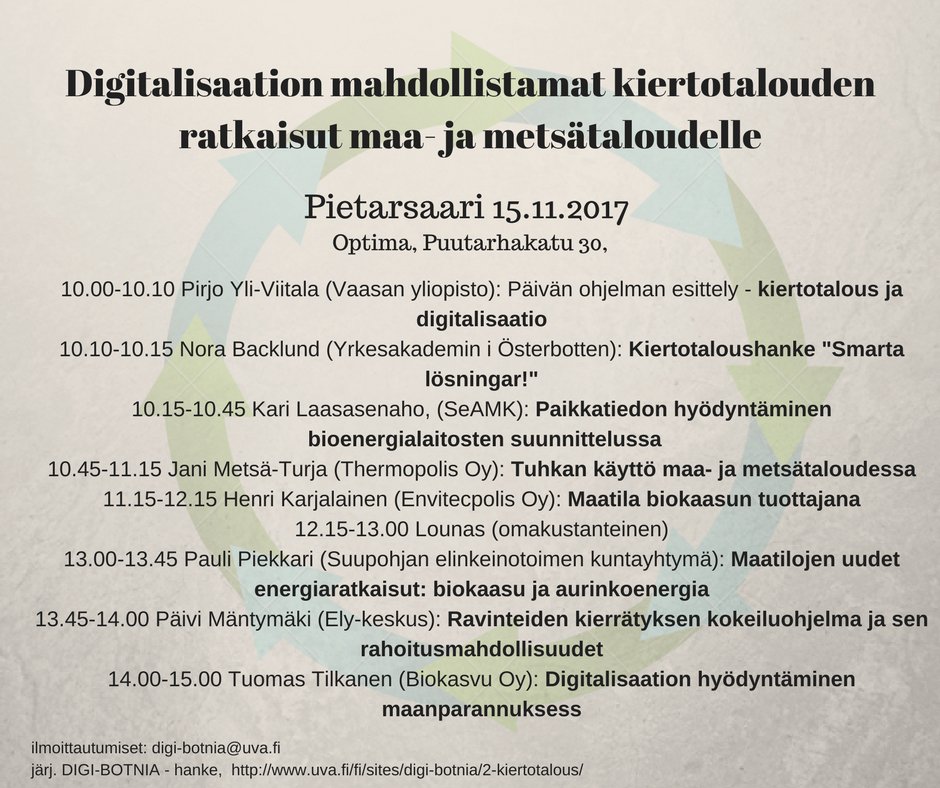 nora_jp's tweet photo. Huomenna Pietarsaaressa! #kiertotalous ja #maatalous : #ravinnekierrätys  #biokaasu #digitalisaatio #maanparannus #bioenergia ym. ohjelmassa järj. #DIGIBOTNIA #univaasa https://t.co/xPDj1r1Oh3