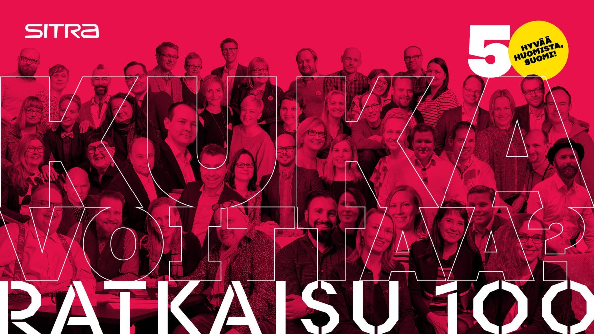 SitraFund's tweet photo. Kuka voittaa #Ratkaisu100-haastekilpailun? #Sitra50-juhlissa 16.11.2017 sekin selviää! Katso ohjelma ja tule mukaan striimiin: https://t.co/Nq4hlzyPpk #suomi100 @SuomiFinland100 https://t.co/e6ETU4OVkh
