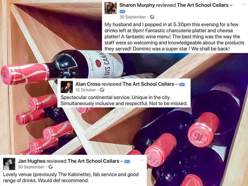 ArtSchoolCellar's tweet photo. We've been getting some lovely reviews over on our #Facebook page, thanks to everyone for taking the time to leave their feedback. It's good to know you're enjoying what we offer #ChampagneBar #reviews #happyguests #Cellarbrations Open tdoay from 2pm- Midnight https://t.co/zwQKFDgaRn