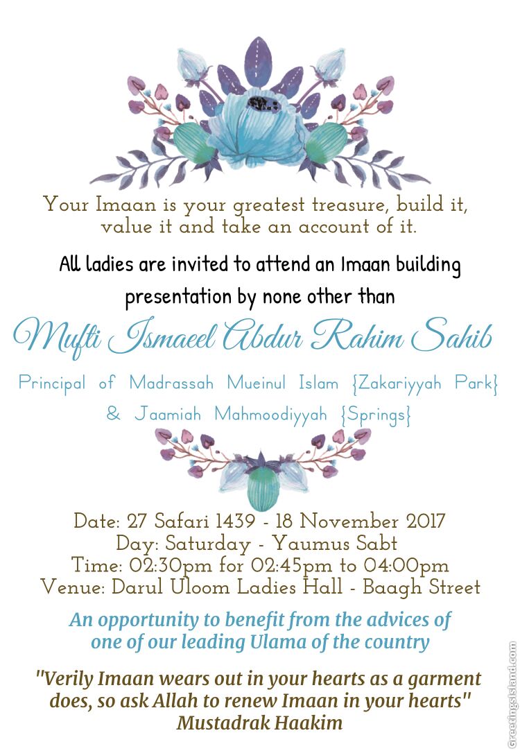 azdinfo's tweet photo. #AzdProg 

#LadiesOnly  #ThisWeekend 

#safar27 #1439 / #Nov18 #2017

Sat

Darul Uloom Ladies Hall

 2:45 to 4:pm

https://t.co/iIBPS3Xlt1 https://t.co/QEXvyydLNB