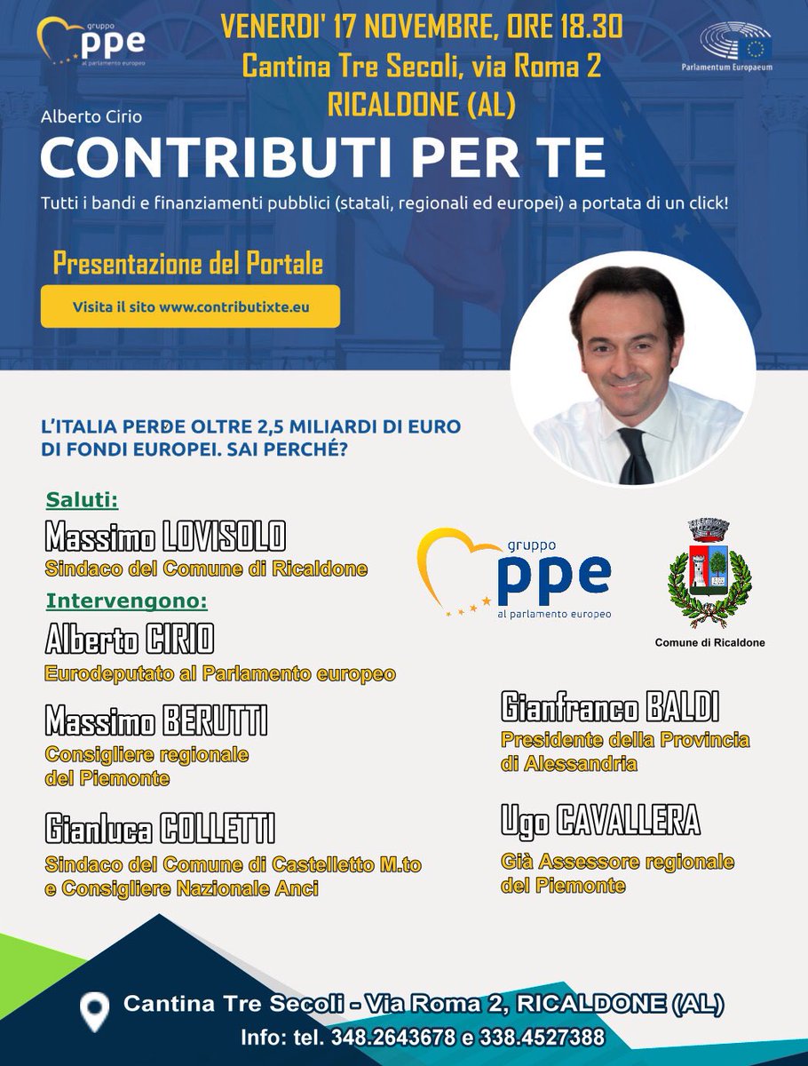 GianluColletti's tweet photo. Vi aspettiamo numerosi venerdì 17 novembre p.v. alle ore 18.30 presso la Cantina “Tre Secoli” di Ricaldone. Impegniamoci insieme per sfruttare al meglio i fondi europei!!! #ineuropaconcirio #fondieuropei #europa #italia #comuni #contributixte https://t.co/fnonvpxHMG