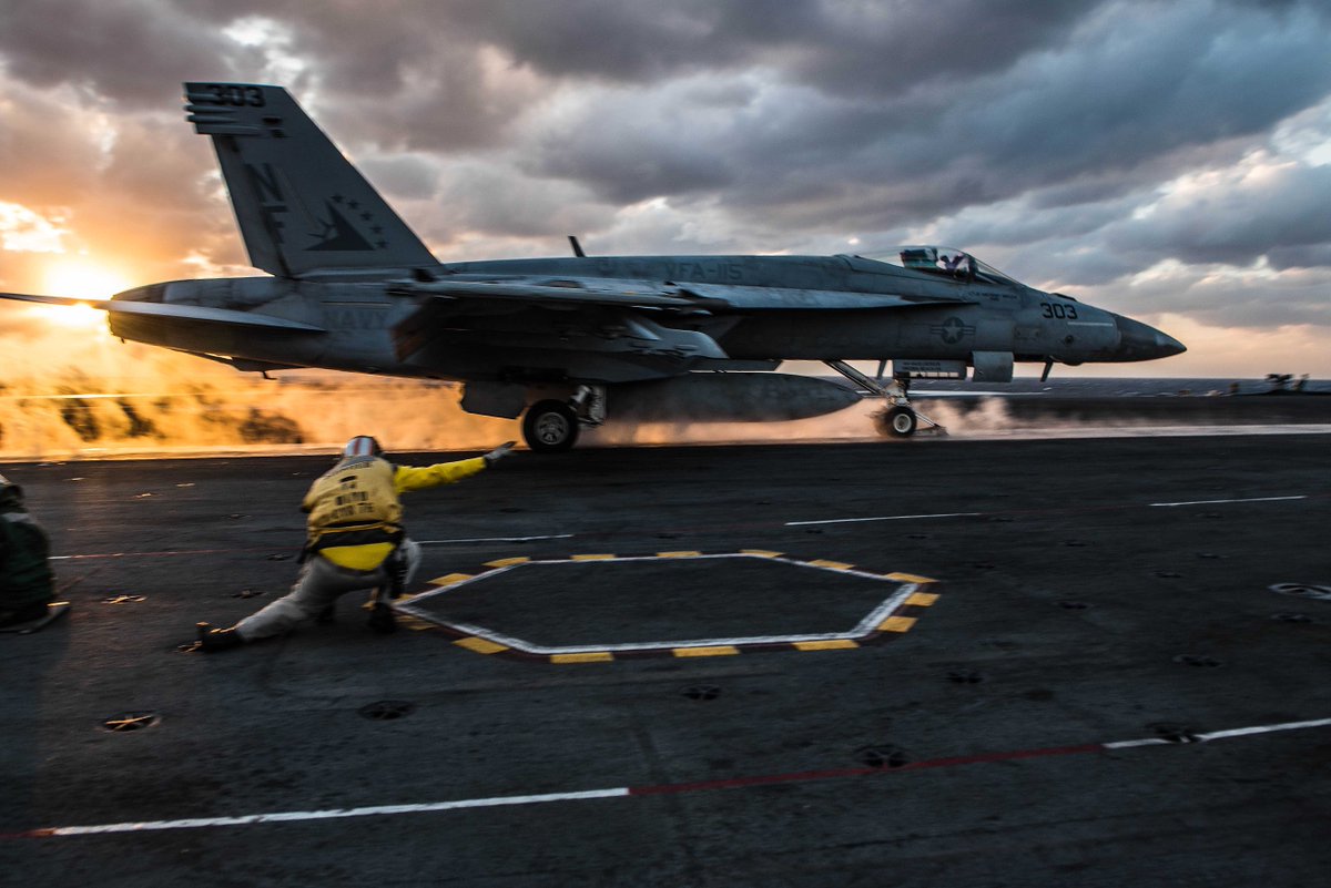 An F/A-18E Super Hornet of VFA-115 launches from the flight deck of the USS Ronald Reagan. #AircraftPhoto #AircraftCarrier #USNAVY