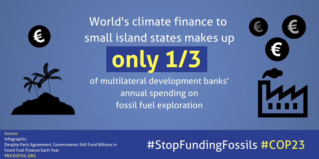 CANEurope's tweet photo. Financial flows still go the wrong direction, even if the survival of small island states severely hit by climate change is at stake. No more money for fossils, more money for mitigation, adaptation & clean energy! https://t.co/UlhkYcU9uq #COP23 #StopFundingFossils #BigShift https://t.co/pK5gYa4Uhe
