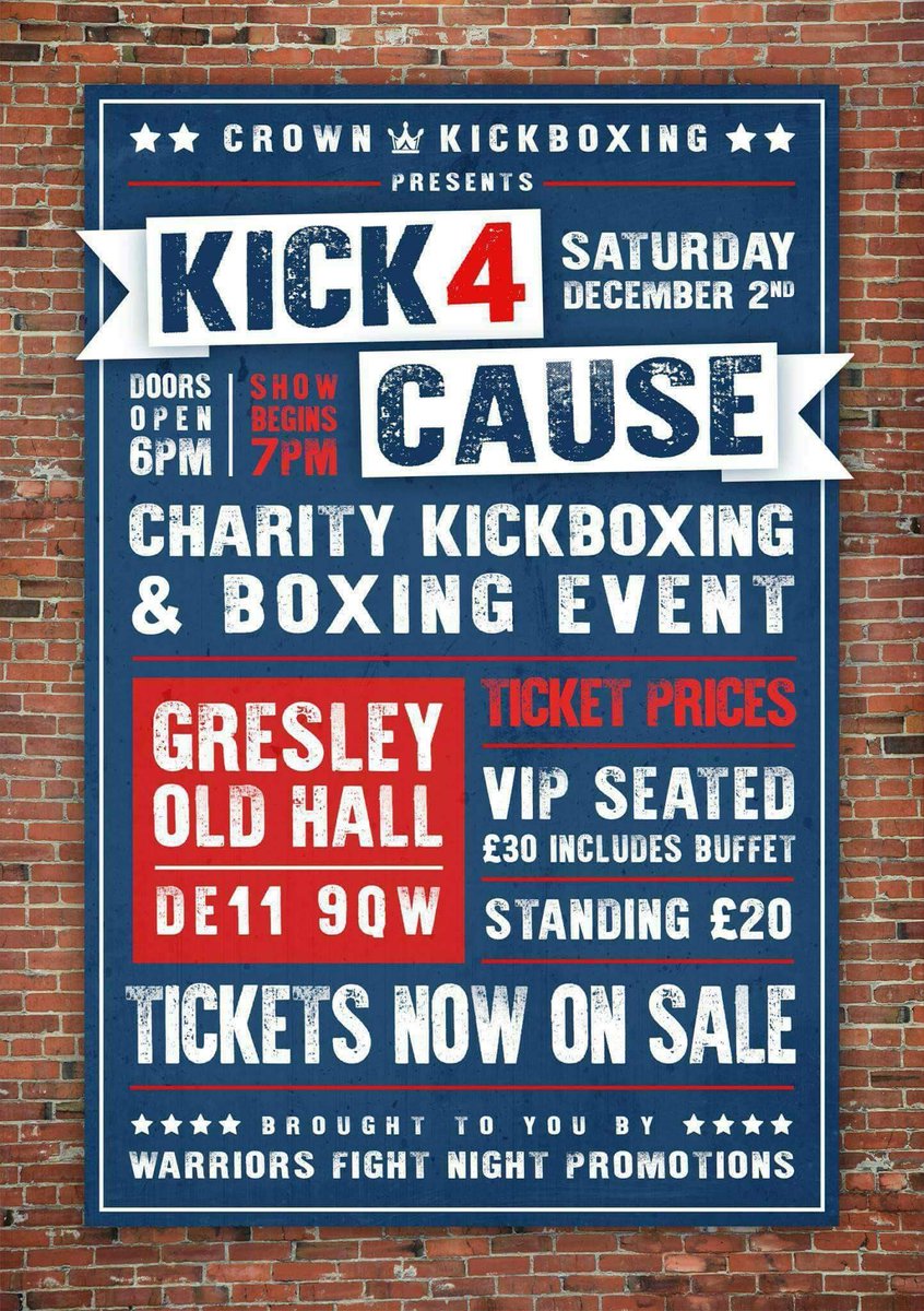WNWCraig's tweet photo. Tickets now on sale for #charityevent #kick4cause #kickboxing #boxing Saturday 2nd December Gresley Old Hall inbox for details https://t.co/PH8AaclUUQ