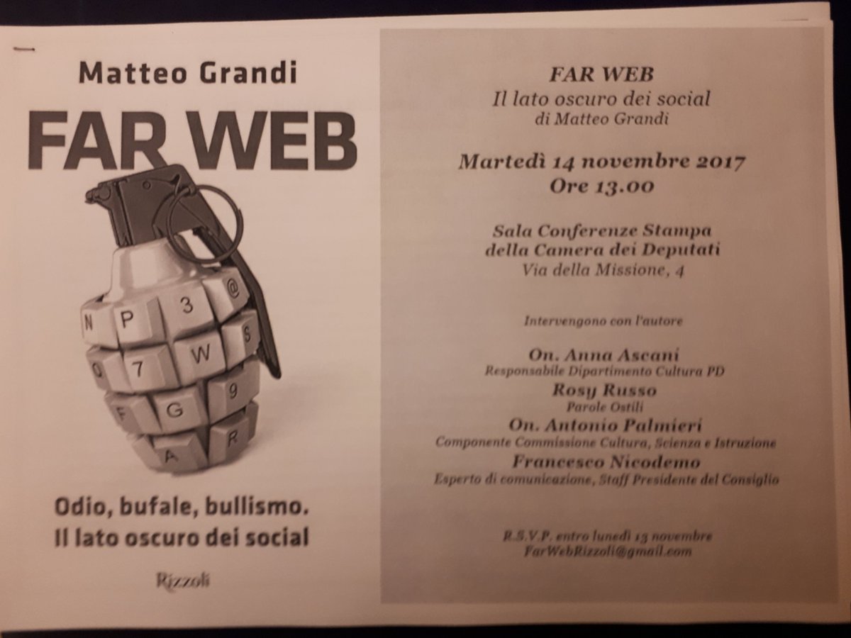 LanfrancoPalazz's tweet image. Su @radioradicale il libro di @matteograndi #farweb odio #bufale bullismo, il lato oscuro dei social presentato a @Montecitorio con @AnnaAscani @antoniopalmieri @FrancescoNicode @RizzoliLibri #OpenCamera