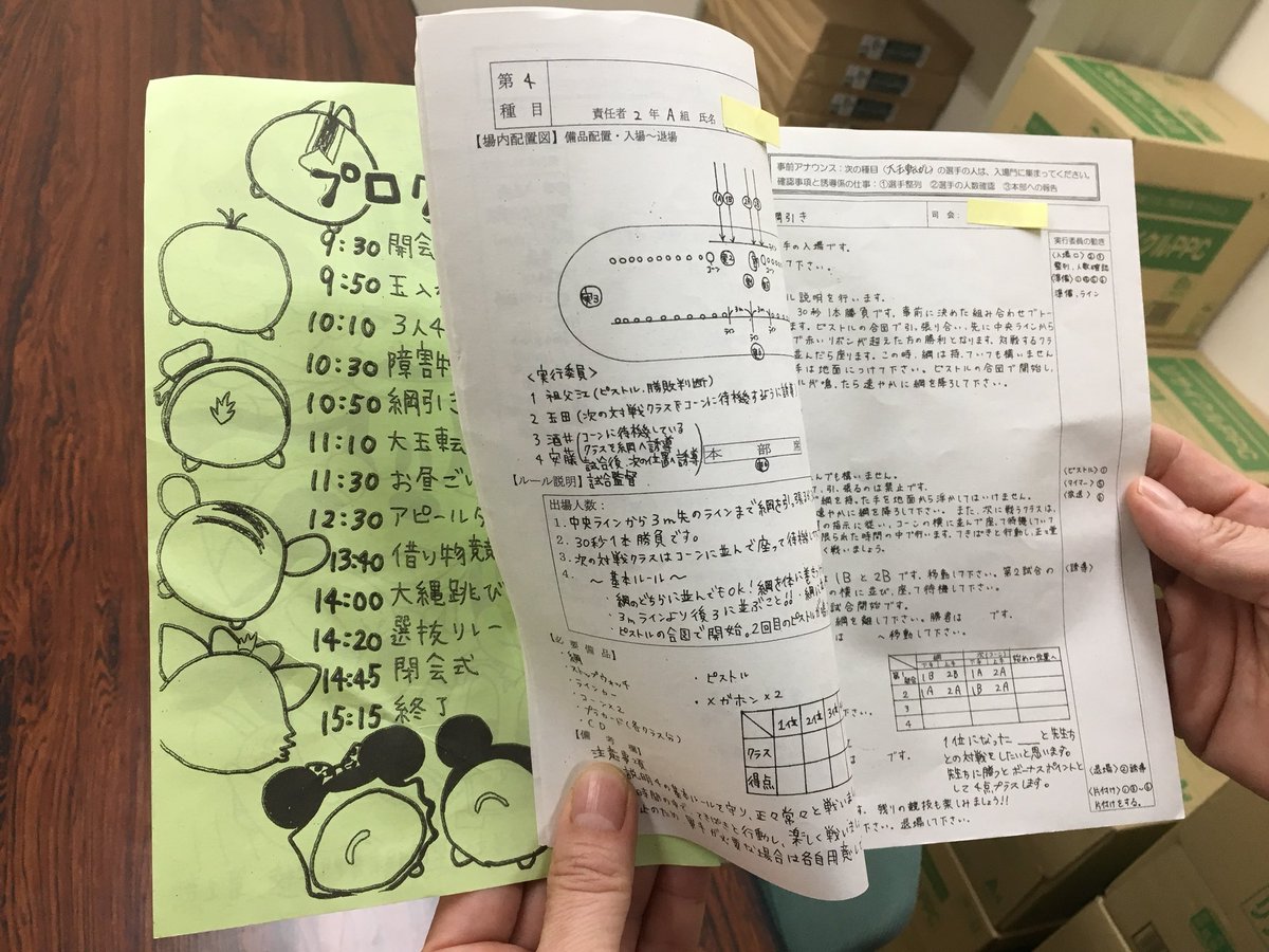 名古屋文化学園保育専門学校 校長デスク A Twitter 第1部運動会のプログラムは 冊子になったものを実行委員が作成し 参加者に配布されます 競技名 担当者 場内の配置図 準備物が書かれています また ルール説明から結果発表までの進行台本になっています 名古屋文化学園保育専門学校 校長デスク A Twitter 第1部運動会のプログラムは 冊子になったものを実行委員が作成し 参加者に配布されます 競技名 担当者 場内の配置図 準備物が書かれています また ルール説明から結果発表までの進行台本になっています
