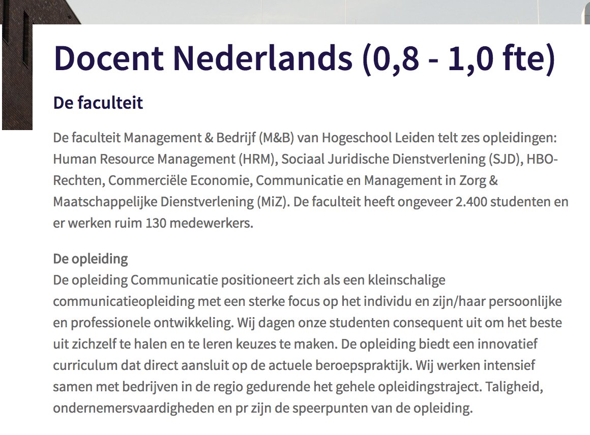 marjoschrijft's tweet photo. Gezocht: nieuwe collega Nederlands voor de opleiding Communicatie aan @HSLeidenNL . Fijne studenten, fijne collega's, fijne vakken om te geven! https://t.co/fsd4bYpRxp https://t.co/vm9Z81eGnl