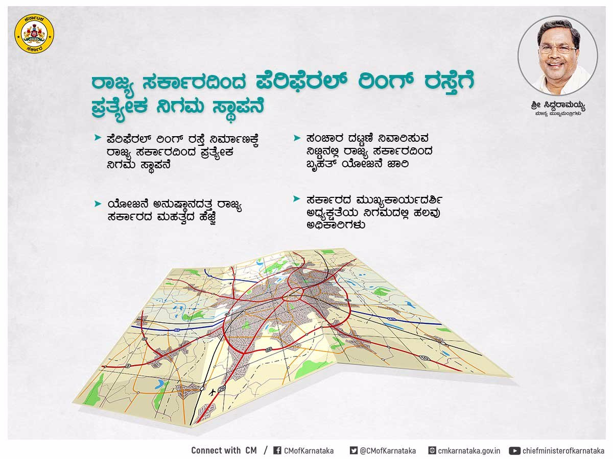 CMofKarnataka's tweet photo. ಲಕ್ಷಾಂತರ ಜನರಿಗೆ ಅನುಕೂಲವಾಗಲಿದೆ ಎಂಬ ಸದುದ್ದೇಶದಿಂದ ಬೆಂಗಳೂರು ನಗರದ ಸುತ್ತ ನಿರ್ಮಿಸಲು ಉದ್ದೇಶಿಸಿದ್ದ ಪೆರಿಫೆರಲ್ ರಿಂಗ್ ರಸ್ತೆ ಯೋಜನೆಯನ್ನು ಕೈಗೆತ್ತಿಕೊಳ್ಳಲು ಸರ್ಕಾರ ನಿರ್ಧರಿಸಿದೆ ಹಾಗೂ ಈ ಸಂಬಂಧ ಪ್ರತ್ಯೇಕ ನಿಗಮ ಸ್ಥಾಪಿಸಲಾಗಿದೆ: @siddaramaiah https://t.co/iBrn8zQr02