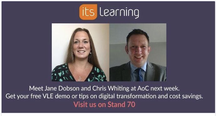 dobsonja's tweet photo. Looking forward to 2 great days at AoC. Come and visit us to hear more about virtual learning on stand 70. #AoCConf #itsVLE #elearning https://t.co/OALjo47TLP
