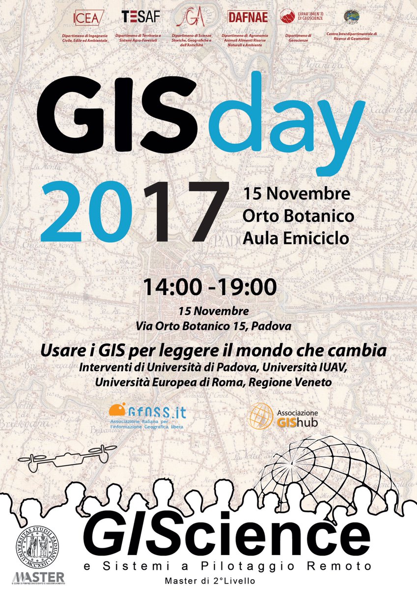 MasterGIS_Droni's tweet photo. See the full program of #GISDay2017 at @UniPadova! We'll be at the Botanic Garden of #Padova! #15Nov #GISDay @gisday #BuoneNotizie https://t.co/5YmRNDhb20 https://t.co/FepT4parJR