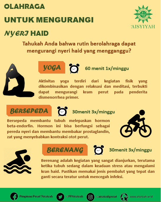 PPAisyiyah's tweet photo. Assalamualaikum, Sahabat 'Aisyiyah. Tahukah Anda bahwa rutin berolahraga dapat mengurangi nyeri haid yang mengganggu?
#Aisyiyah #TipsHaid #Olahraga https://t.co/bENE03rcCH