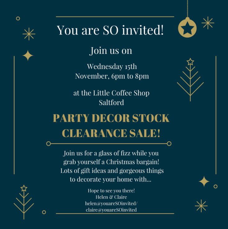 SO by now You've probably heard we're having a pre-Christmas Party stock sale AND what's more You are SO invited... {date confirmed Wednesday 15th November} THAT is SO tomorrow!!👏
See you there H&amp;C 🥂
*cash only