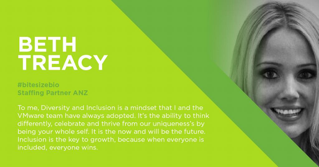LauraForde1's tweet photo. Here #VMware we foster an inclusive culture that’s welcoming and supportive, where great people will want to work and thrive long term. In today's #bitesizebio series Beth a Staffing Partner in our Sydney Australia office shares what D&I means to her. #daretobeyourself https://t.co/6v78ZZ92PF