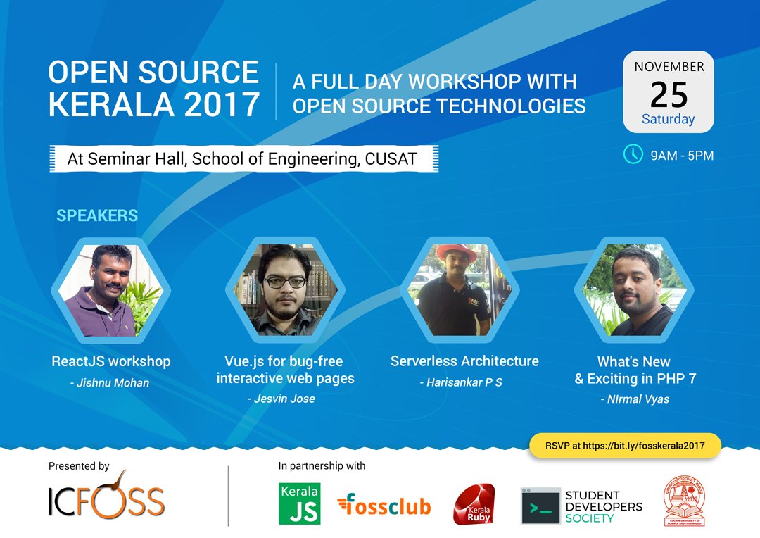 KeralaJS's tweet photo. KeralaJS in partnership with ICFOSS, Foss club, Kerala Ruby, SDS for the annual event 2017. Registration Link https://t.co/FT3pxSYJz9 https://t.co/GTiq8vh8is