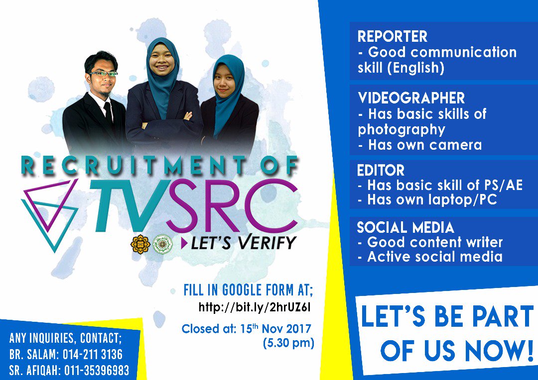 iium_src's tweet photo. Assalamualaikum everyone! TVSRC 17/18 recruitment is going to end soon! Grab this chance now, guys :)
#LetsVerify
#LeadingForward https://t.co/QtasfbEE6k