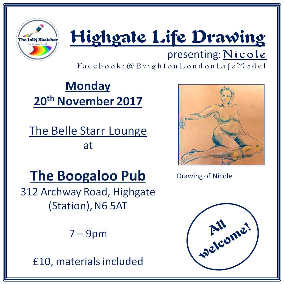 TheJollySktcher's tweet photo. New #Meetup announced: #Monday 20th #November, 7pm @TheBoogaloo with #NicoleParker #JoinUs #HighgateLifeDrawing #WhatsOnNorthLondon #WhatsOnHighgate #HighgateEvents #Highgate #DrinkAndDraw #FunAtThePub #LifedrawingForAll #lifedrawingfun https://t.co/9HuuDwKPKK