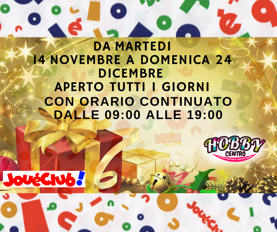 HobbyCentroAlba's tweet photo. Da Martedì 14 Novembre a Domenica 24 Dicembre 
saremo aperti tutti i giorni della settimana con orario continuato
dalle ore 09:00 alle 19:00.
#hobbycentroalba #joueclub #giocattoli #giochi #modellismo #negozitop #satispay #natale2017 #regali #babbonatale #aperturenatalizie https://t.co/OiTcnczQex
