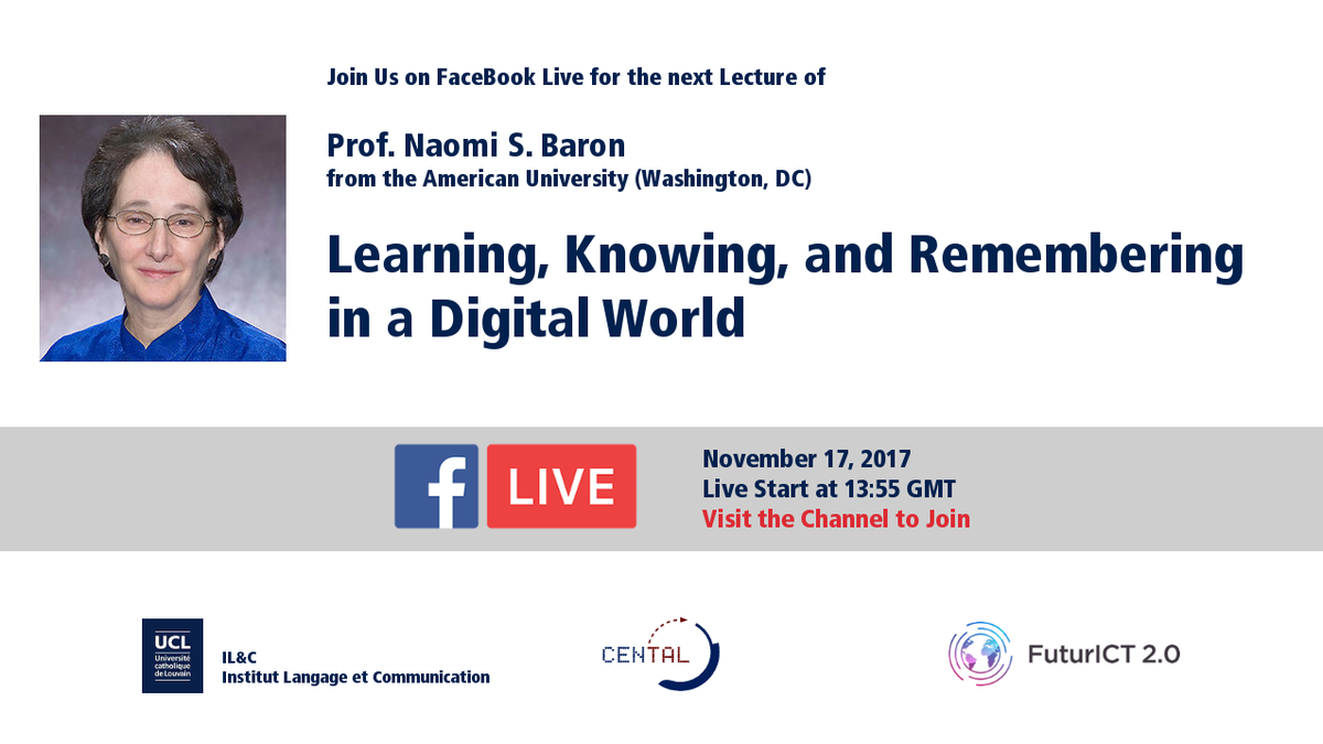 cfairon's tweet photo. Séminaire de Naomi Baron en Facebook Live ce vendredi (17 novembre 2017, 14h). Naomi est professeure de linguistique à l’American University (Washington D.C., US) et directrice du laboratoire CTRL (Center for Teaching, Research and Learning).  
https://t.co/ivZDFcNI0f https://t.co/ffvyoL8OpS