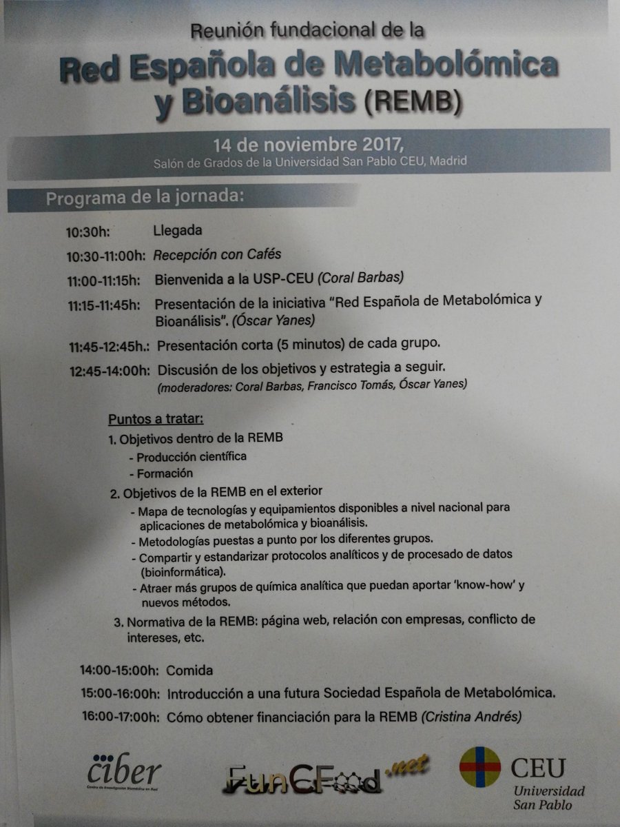 metabolomicaceu's tweet photo. Reunión Fundacional Red Española de #Metabolómica y #Bioanálisis - #REMB
@USPCEU @yaneslab @CoralBarbasAr &amp; Francisco Tomás
Off we go! https://t.co/EizclzgV19