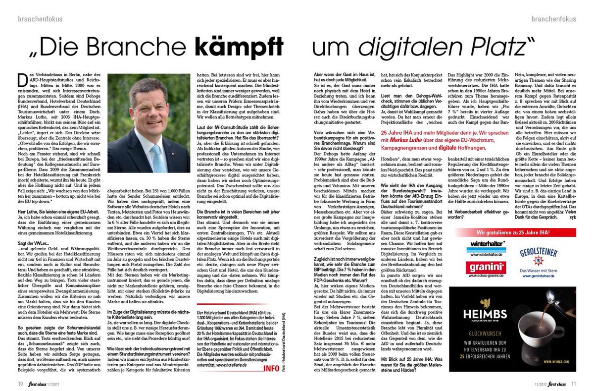 Interview mit IHA-Hauptgeschäftsführer Markus Luthe in der November-Ausgabe der first class: "Die Branche sucht ihren digitalen Platz" gastroinfoportal.de/wp-content/upl…