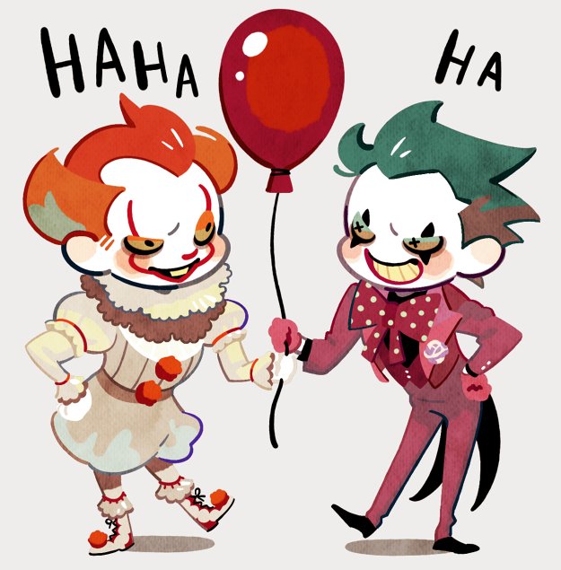 clown balloon 2boys multiple boys smile gloves green hair  illustration images