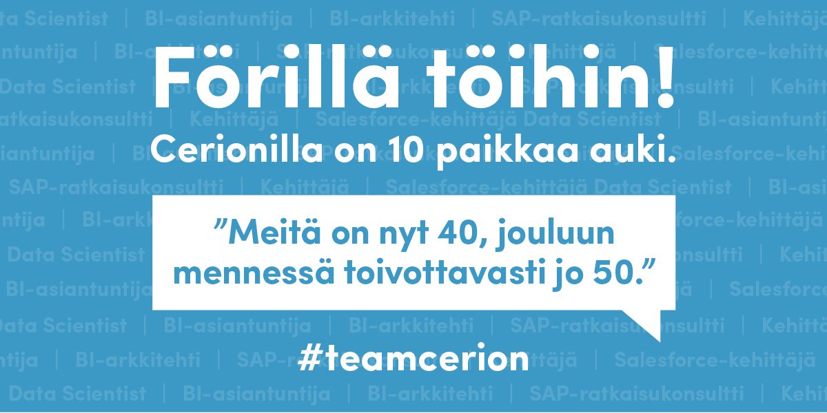 CerionSolutions's tweet photo. Hei me rekrytään! Data Scientist, kehittäjä, BI-asiantuntija,
Salesforce-kehittäjä. Laita hakemusta tulemaan! #teamcerion
#yourdataway https://t.co/Rw1jCsy5RO https://t.co/fHxdhEmkK3