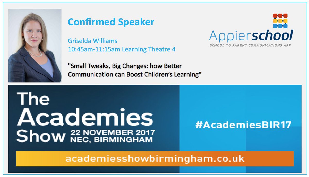 AppierSchool's tweet photo. @Griselda_W Williams giving a talk at 10:45am-11:15am Learning Theatre 4
"Small Tweaks, Big Changes: how Better Communication can Boost Children’s Learning" @AppierSchool attending the #AcademiesBIR17 @Academies_Show Find us at Stand E2. https://t.co/a4UrYYApYx https://t.co/jICGSCw8SX